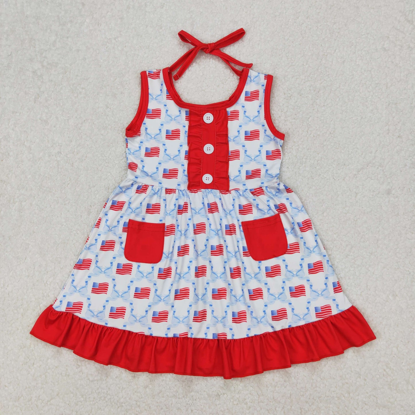 GSD1625 4th of July Red Blue Flag Pocket Ruffle Sleeveless Dress girls boutique summer sets 202503 RTS