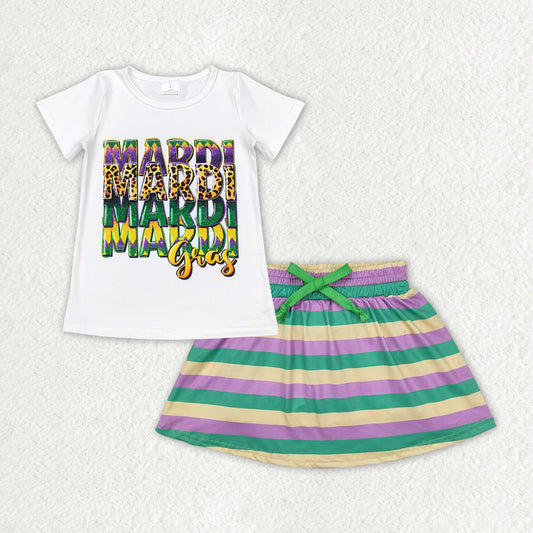 GSD1628 Mardi Gras White Short Sleeve with Stripe Skirts Shorts Sets RTS 20241126