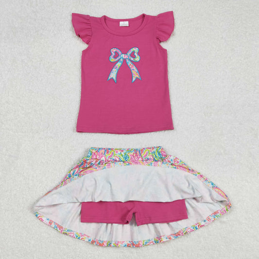 GSD1688 Embroidered Rose Red Flower Bow Fly sleeve top Pleated skirt shorts sets Girls Boutique clothes  202502 RTS
