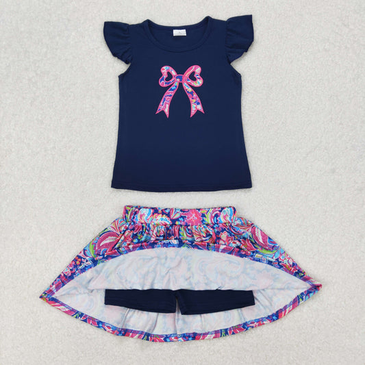 GSD1689 Embroidered bows navy blue fly sleeve top colored skirts shorts sets girls boutique outfits 202503 RTS