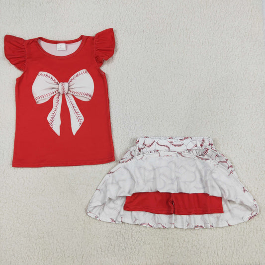 GSD1722 Red Baseball Bow Ruffled sleeveless top skirts shorts set Girls clothing sets summer outfit RTS 202501