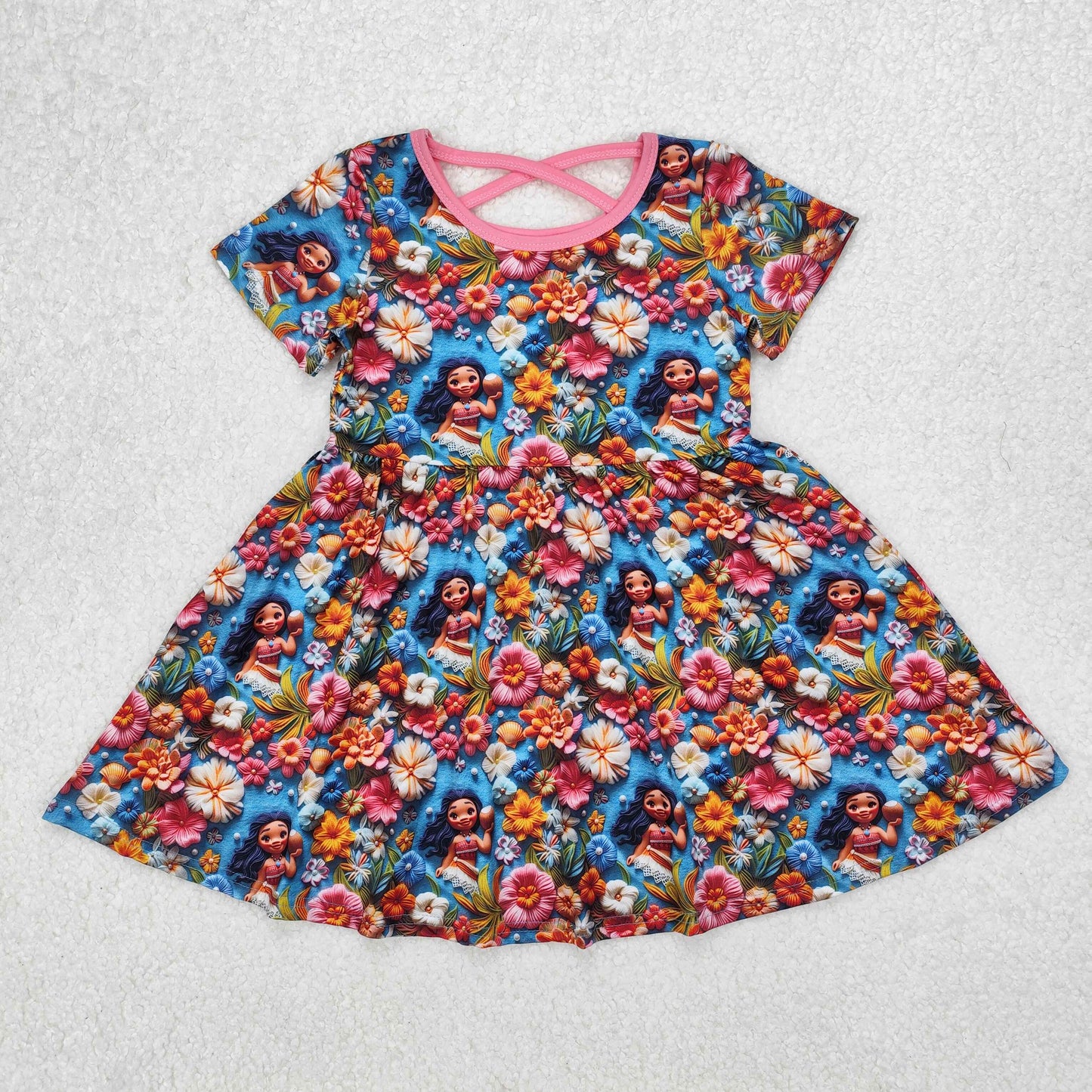 GSD1785 Princess Moana Flower Blue Pink Short-sleeved Dress Girls Boutique Clothes  202503 RTS