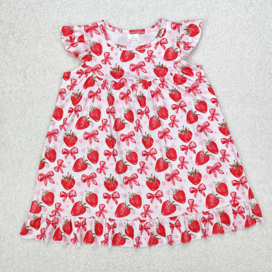 GSD1811 Red Bows Love Strawberry Fly Sleeve Dress Girls Boutique Clothes  202503 RTS