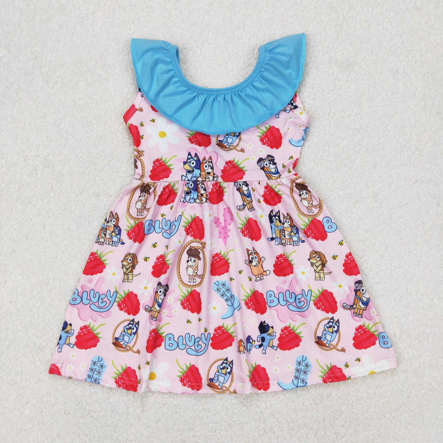 GSD1813 cartoon bluey blue pink bows ruffle sleeveless dress girls boutique outfits 202503 RTS
