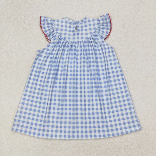 GSD1817 Embroidered Baby Clothes Flag Blue Plaid Flying Sleeve Dress Girls Boutique Outfits 202503 RTS