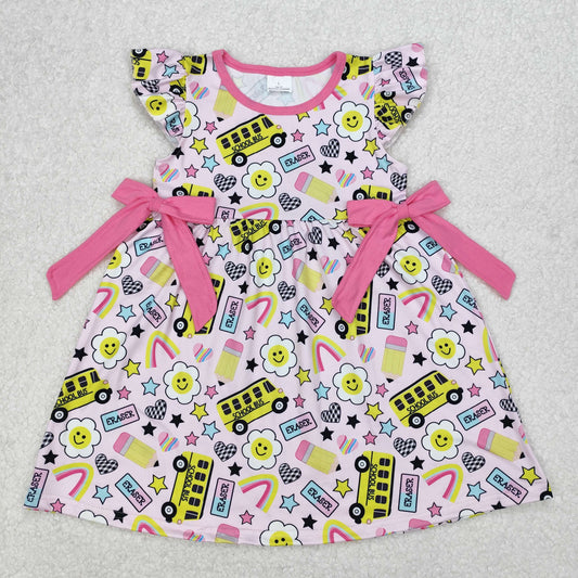 GSD1822 Flower Star Bus Hot Pink Bows Flag Flying Sleeve Dress Girls Boutique Clothes  202503 RTS