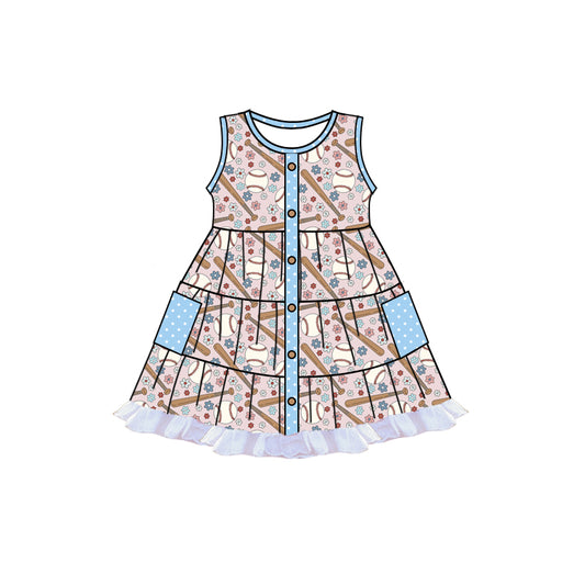 Preorder GSD1830 Sports Girls boutique Outfit Baseball printed dress 202501