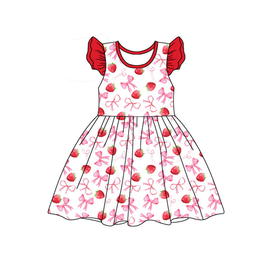 Preorder GSD1840 Red Pink Strawberry Bow Flying sleeve Dress Girls Summer clothes  202501