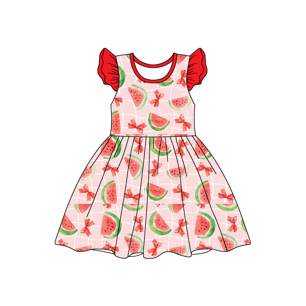 Preorder GSD1841 Red Orange Watermelon Bow Flying sleeve Dress Girls Summer clothes  202501