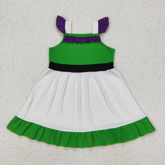 GSD1874 Green White Ruffle Fly Sleeve Dress Cartoon princess dress girls boutique outfits 202503 RTS