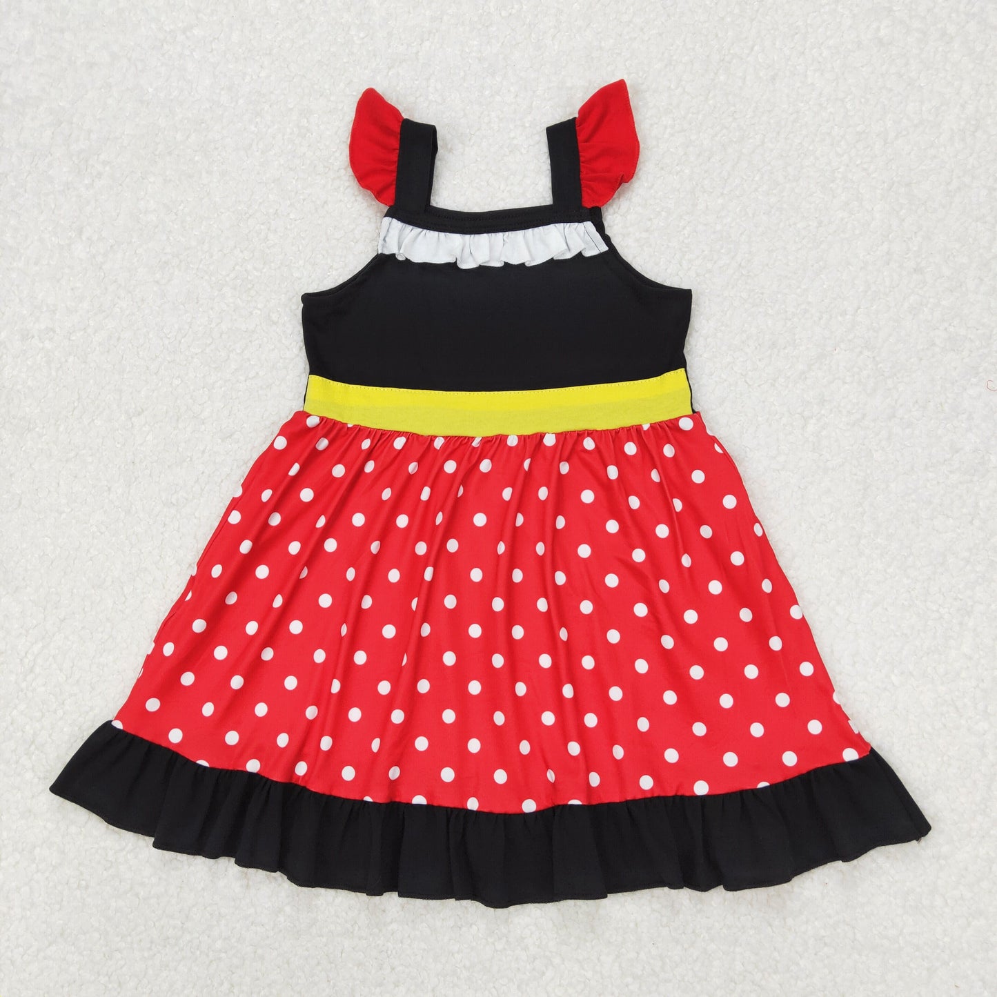 GSD1878  red black dot white ruffle fly sleeve dress cartoon princess dress girls boutique outfits 202503 RTS