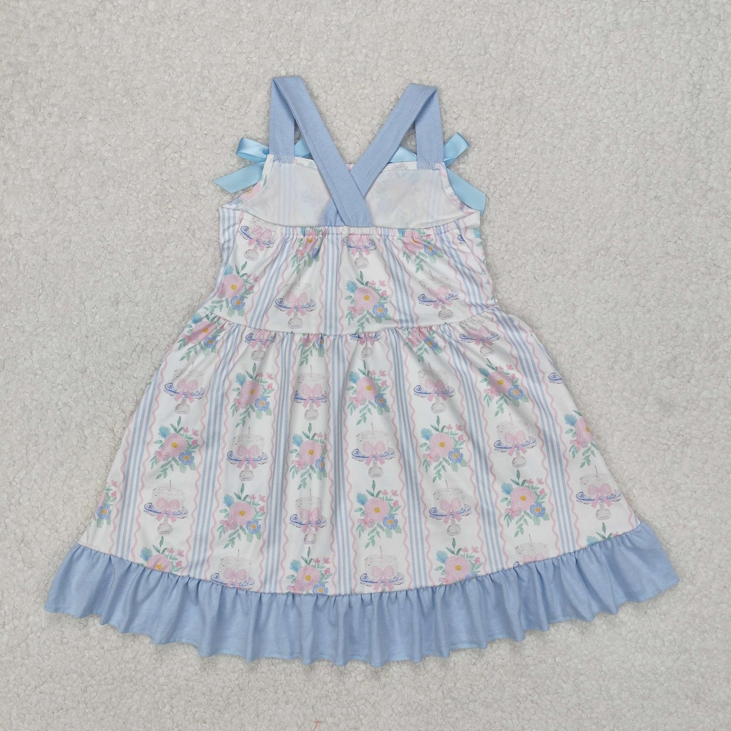 GSD1946 Blue Pink Flower Striped Ruffle Sleeveless Dress Girls Boutique Clothes  202503 RTS