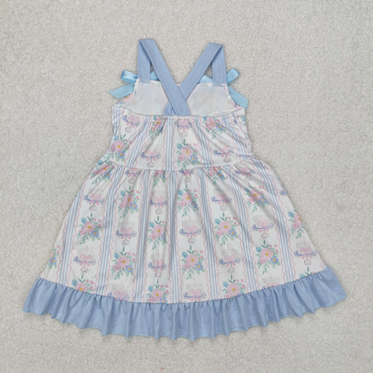 GSD1946 Blue Pink Flower Striped Ruffle Sleeveless Dress Girls Boutique Clothes  202503 RTS