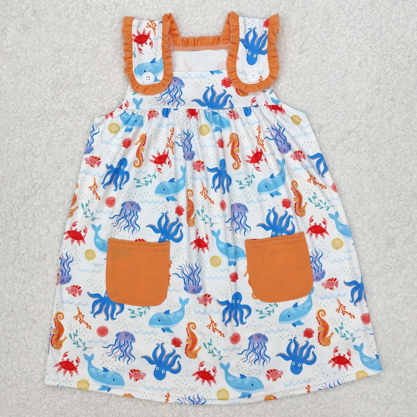 GSD1961 Seahorse octopus sea animals Orange Blue Pocket Ruffle Sleeveless Dress Girls Boutique clothes  202503 RTS