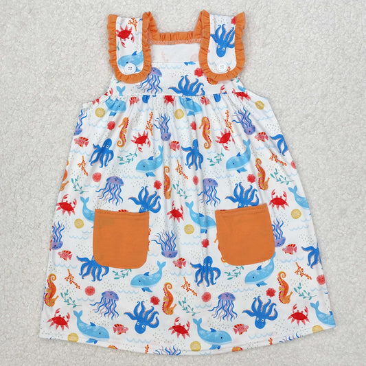 GSD1961 Seahorse octopus sea animals Orange Blue Pocket Ruffle Sleeveless Dress Girls Boutique clothes  202503 RTS