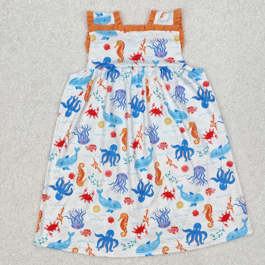 GSD1961 Seahorse octopus sea animals Orange Blue Pocket Ruffle Sleeveless Dress Girls Boutique clothes  202503 RTS