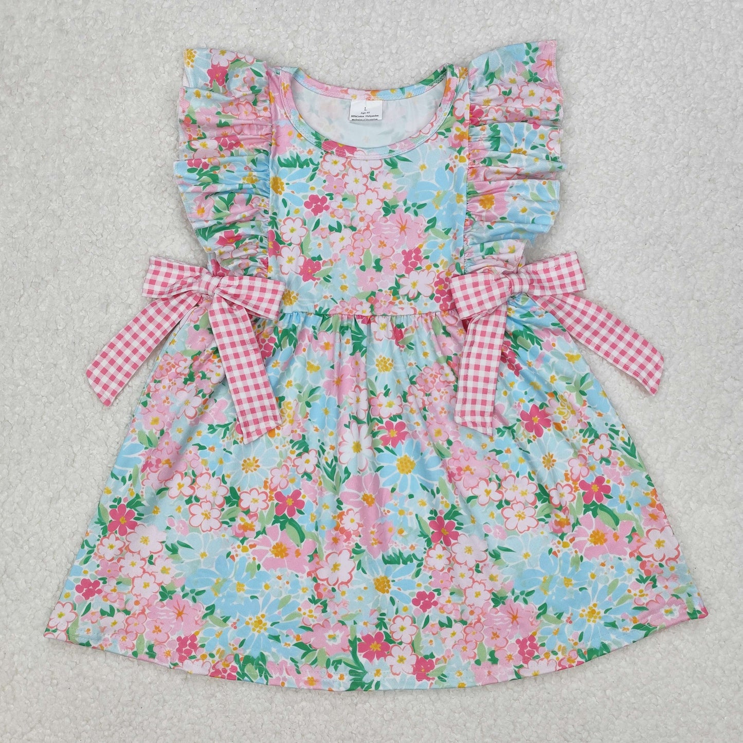 GSD1962 Pink Blue Flower Leaf Plaid Bows Ruffle Sleeveless Dress Girls Boutique clothes  202503 RTS