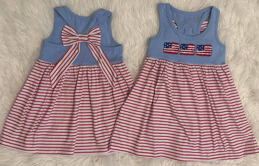Preorder GSD1964 4th of July flag stripe blue red sleeveless dress Girls Boutique Summer clothes  20250104