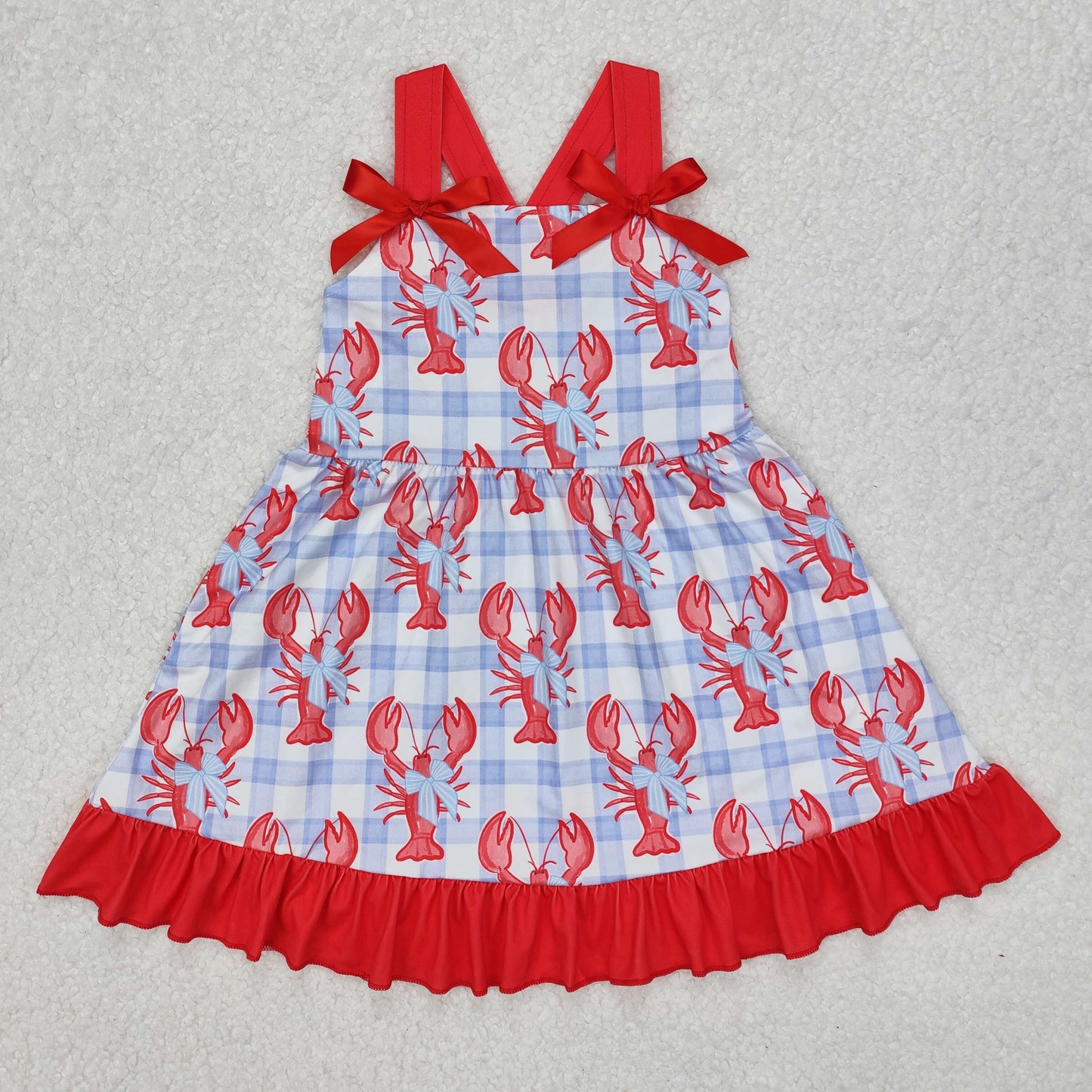 GSD1968 Red lobster Bow Blue Plaid Ruffle Sleeveless Dress Girls Boutique clothes  202503 RTS