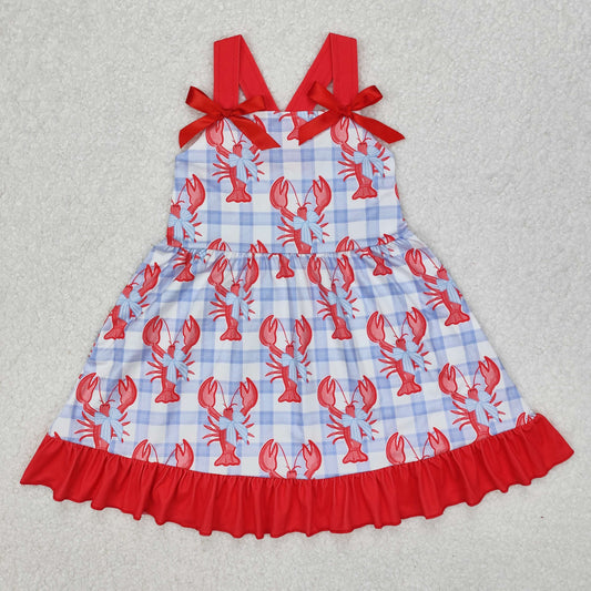 GSD1968 Red lobster Bow Blue Plaid Ruffle Sleeveless Dress Girls Boutique clothes  202503 RTS