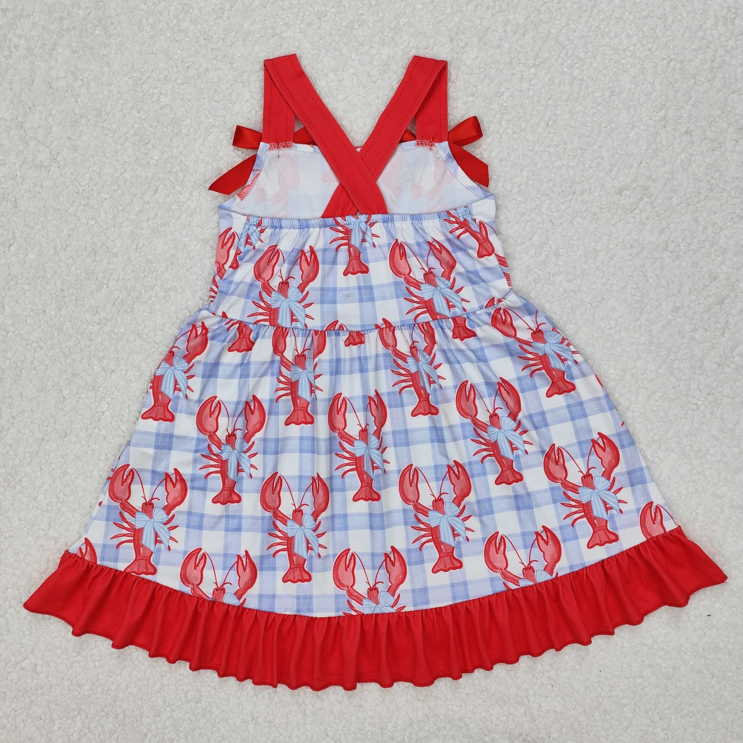 GSD1968 Red lobster Bow Blue Plaid Ruffle Sleeveless Dress Girls Boutique clothes  202503 RTS