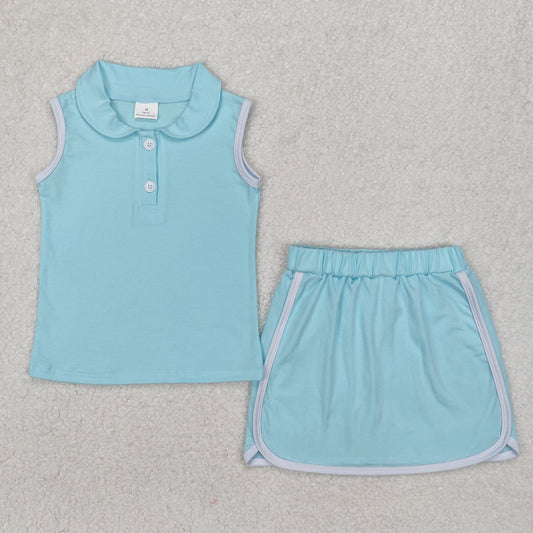 GSD1973 Pure Cotton Suit Blue Polo Sleeveless Top Skirts Shorts Set Girls Boutique Summer clothes  202503 RTS