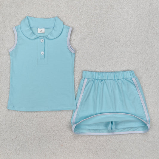 GSD1973 Pure Cotton Suit Blue Polo Sleeveless Top Skirts Shorts Set Girls Boutique Summer clothes  202503 RTS