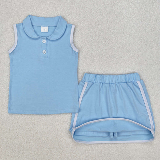 GSD1974 Pure cotton suit Blue Polo sleeveless top skirts shorts Girls Boutique Summer clothes  202503 RTS
