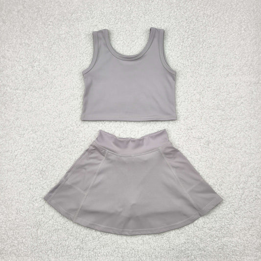 GSD1983 Yoga Outfit Baby Girls Sports clothes Light Grey  Sleeveless top skirts shorts Girls Boutique Summer clothes  202504 RTS