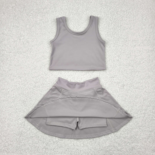 GSD1983 Yoga Outfit Baby Girls Sports clothes Light Grey  Sleeveless top skirts shorts Girls Boutique Summer clothes  202504 RTS