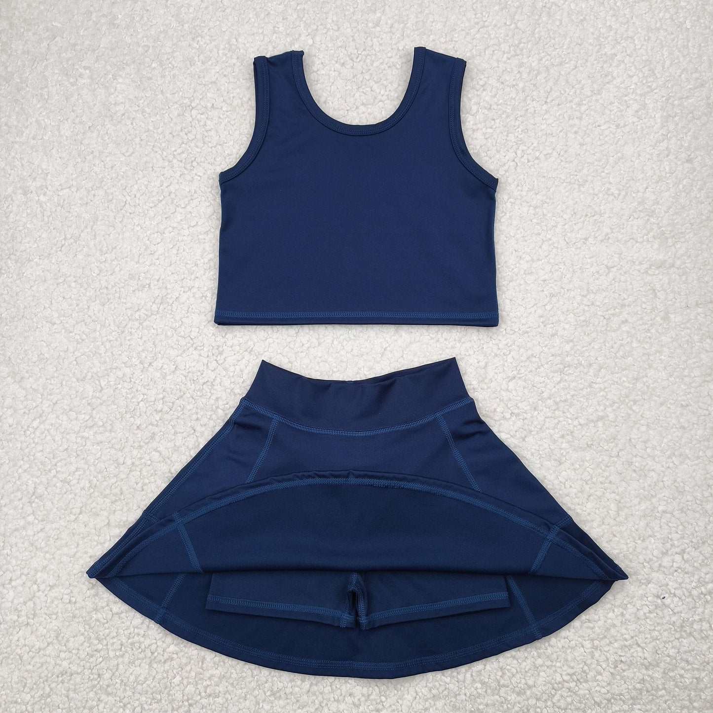 GSD1987 Yoga Outfit Baby Girls Sports clothes Pure Dark Blue Sleeveless top skirts shorts Girls Boutique Summer clothes  202504 RTS