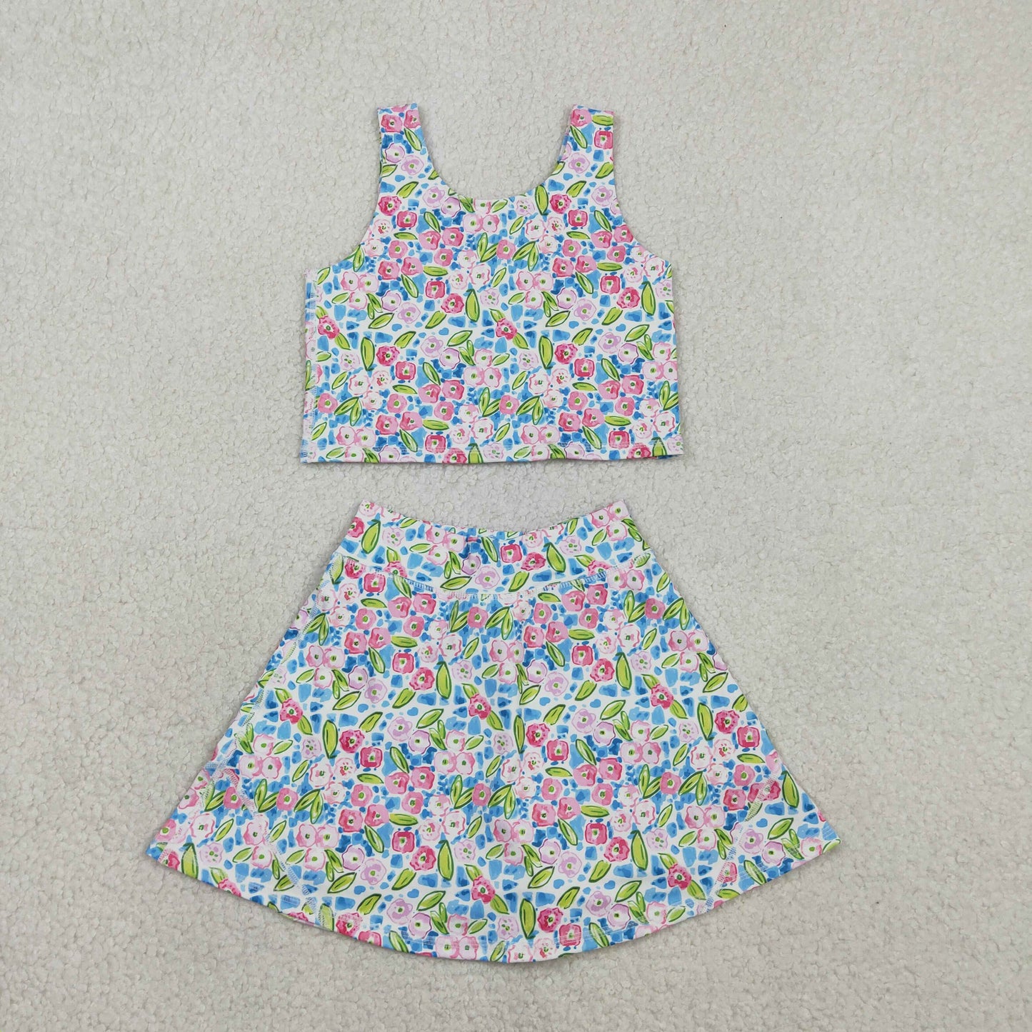NEW GSD1988 Flower Leaf Blue Sleeveless Vest Skirts Shorts Girls Yoga Sets 202602 RTS