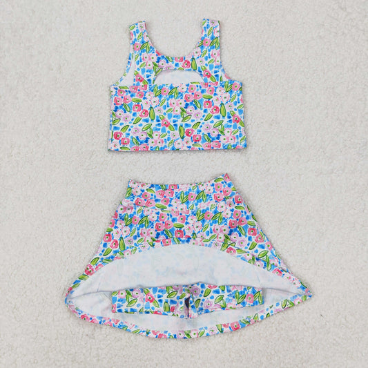 GSD1988 Yoga Outfit Blue Pink Flower Sleeveless Vest Skirts Shorts Girls Boutique Outfits 202503 RTS