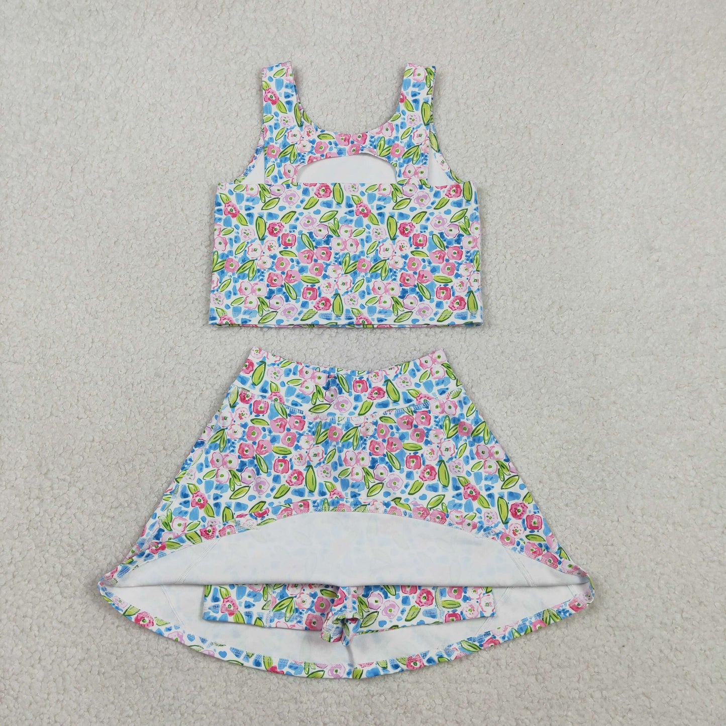 NEW GSD1988 Flower Leaf Blue Sleeveless Vest Skirts Shorts Girls Yoga Sets 202602 RTS
