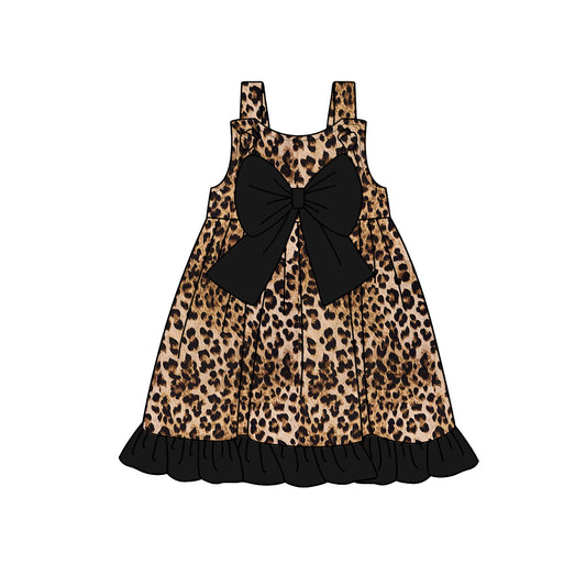Preorder GSD1992 Girls clothes Brown leopard print sleeveless dress with black bow lace Girls Boutique Summer clothes  202502 RTS