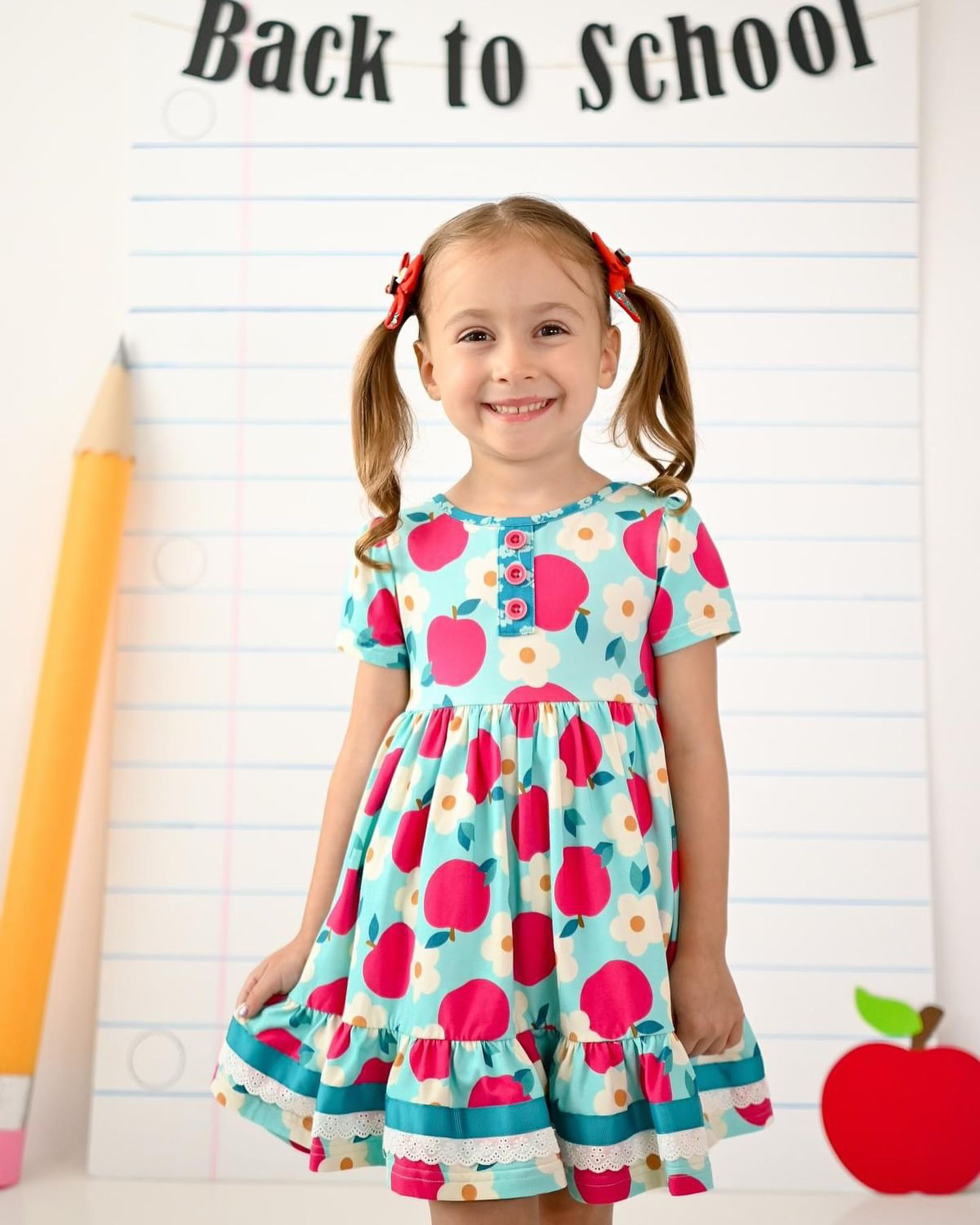 Preorder GSD1994 Green Red Apple short sleeve dress Girls Boutique Summer clothes  202502 RTS