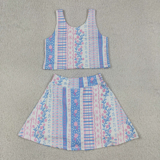 GSD1995 Blue Flower Refreshing Sleeveless Top Skirts Shorts Girls Yoga Sets 202605 RTS