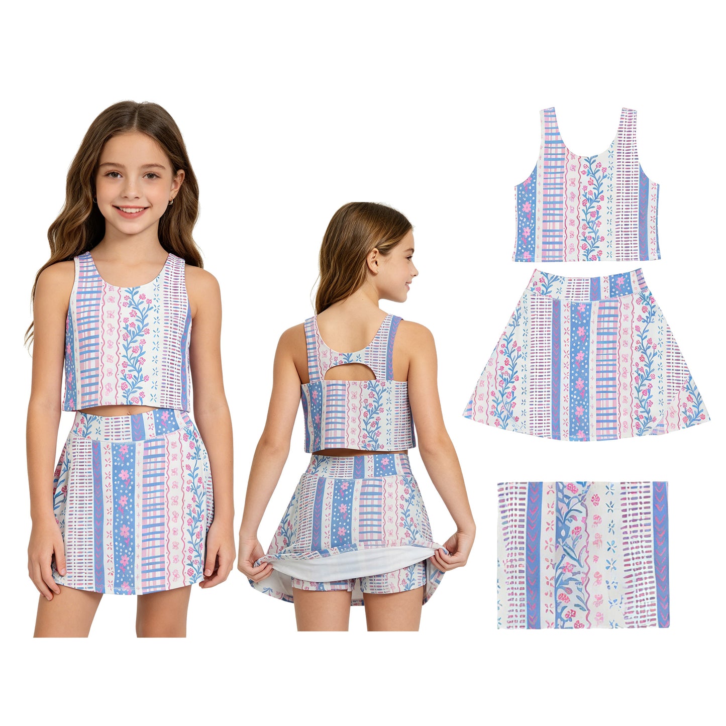 GSD1995 Blue Flower Refreshing Sleeveless Top Skirts Shorts Girls Yoga Sets 202605 RTS