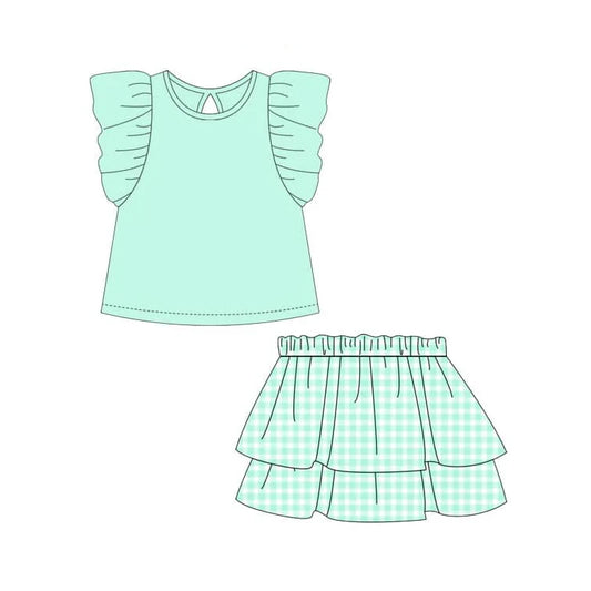Preorder GSD2000 Pure baby green ruffle sleeveless top skirts set Girls Boutique Summer clothes 202502
