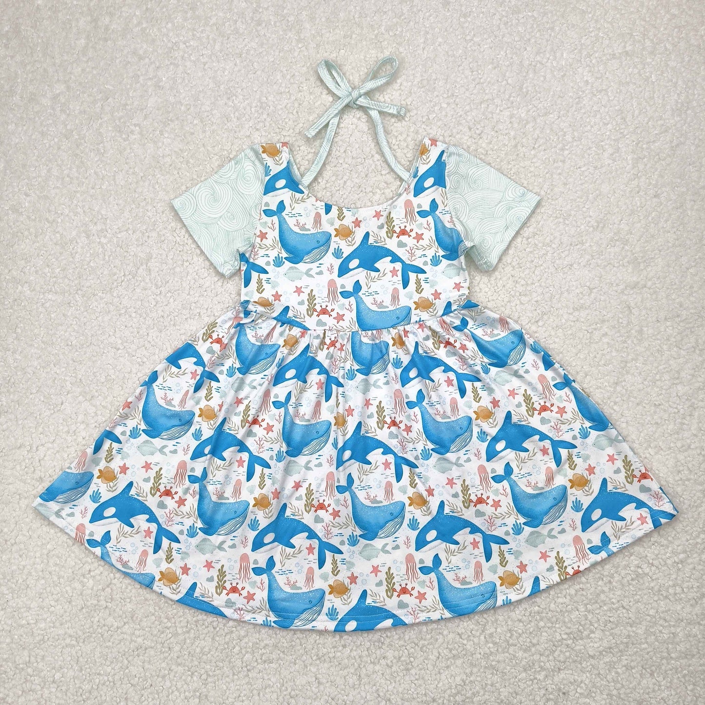 GSD2011 Whale jellyfish starfish White Blue Short Sleeve dress girls boutique outfit 202504 RTS