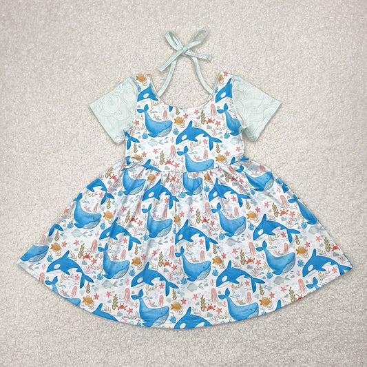 GSD2011 Whale jellyfish starfish White Blue Short Sleeve dress girls boutique outfit 202504 RTS