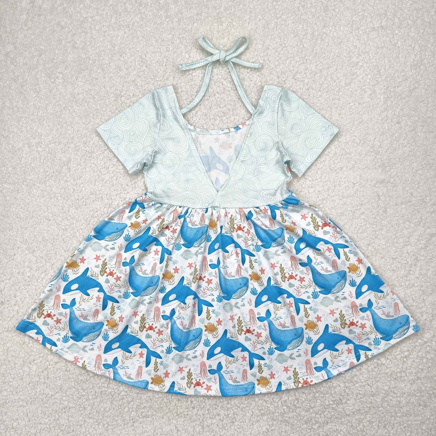 GSD2011 Whale jellyfish starfish White Blue Short Sleeve dress girls boutique outfit 202504 RTS