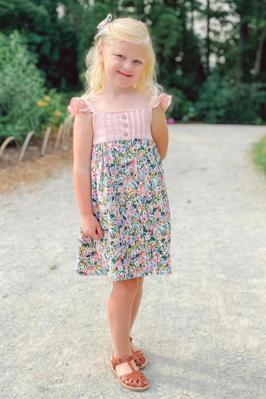 Preorder GSD2019 Pink  Green Flower leaf flying sleeve dress Girls Boutique Summer clothes  202502 RTS