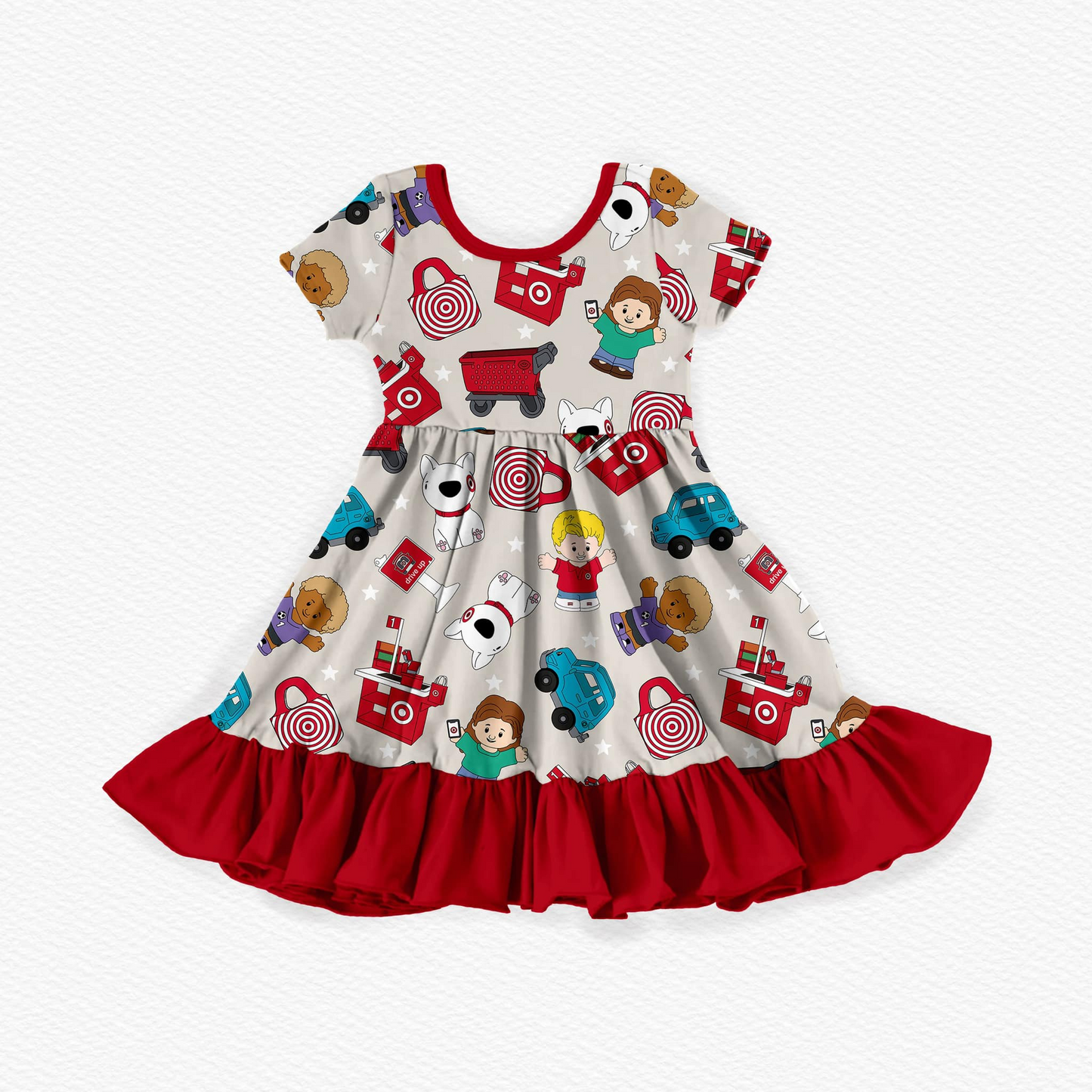 Preorder GSD2024 Red cartoon dog ruffle short sleeve dress Girls Boutique Summer clothes  202502