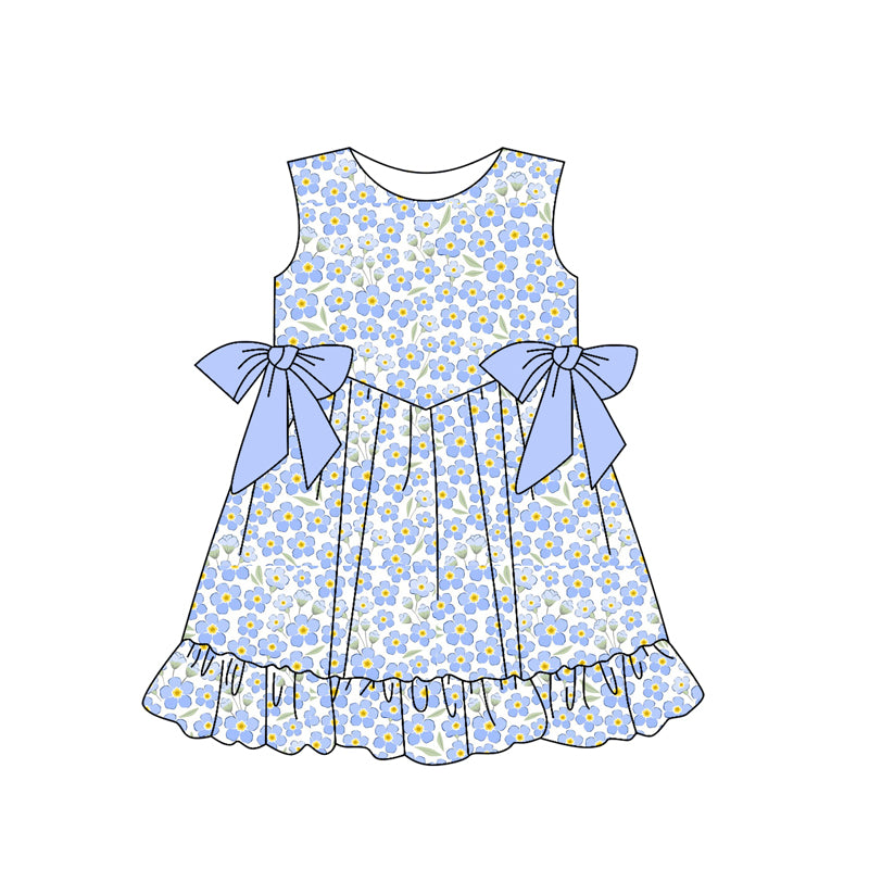 Preorder GSD2032 Blue Flower Bow Ruffled sleeveless dress Girls Boutique Summer clothes  202502