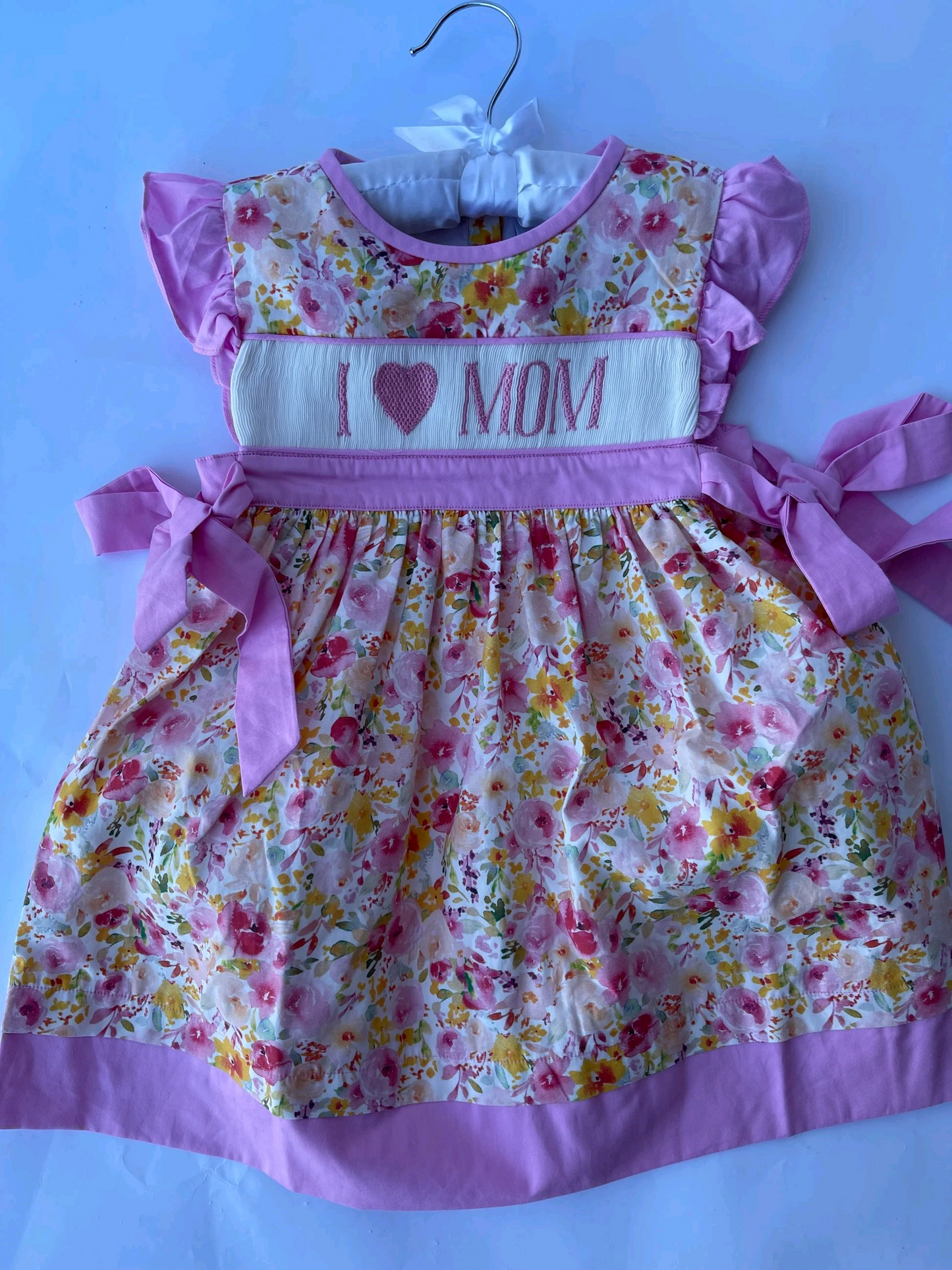 Preorder GSD2034 I love mom hot pink bow flower flying sleeve dress Girls Boutique Summer clothes  202502