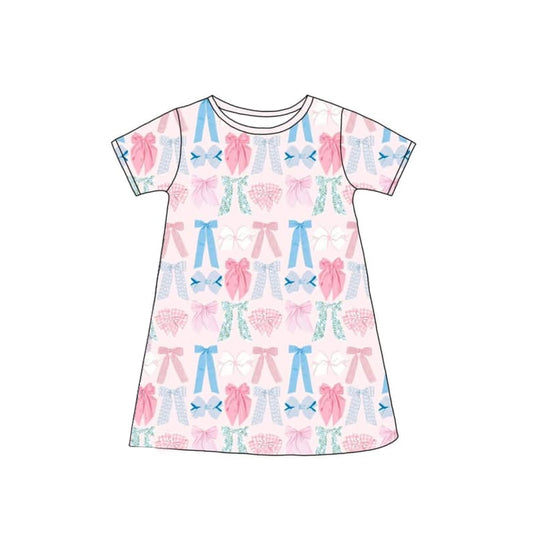Preorder GSD2035  hot pink short sleeve dress with colored bow Girls Boutique Summer clothes  202502