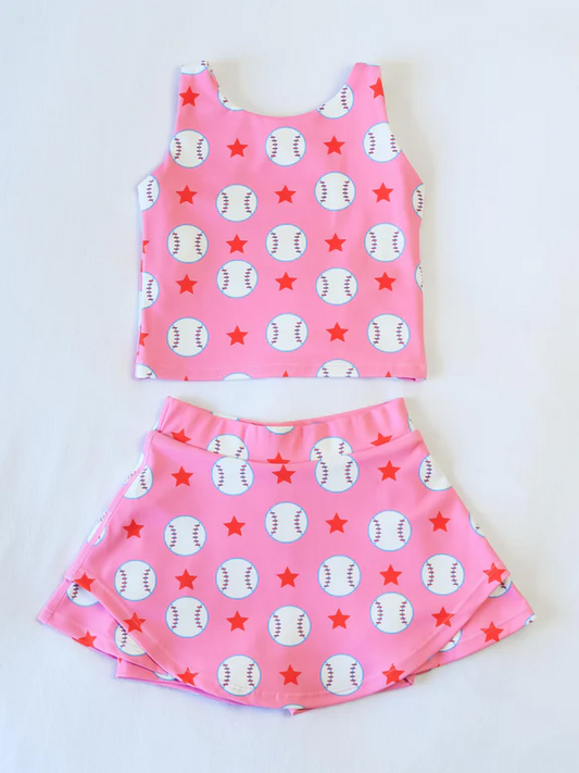 Preorder GSD2041 Yoga Outfit Baby Girls clothes Hot Pink baseball sleeveless top skirts shorts Girls Boutique Summer clothes  202502