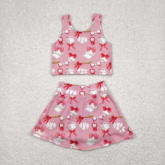 GSD2044 Yoga Outfit Red Pink bows baseball sleeveless top skirts shorts Girls Boutique Summer clothes  202502