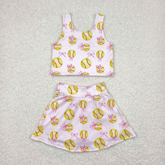 GSD2045 Yoga Outfit Purple Pink bows baseball sleeveless top skirts shorts Girls Boutique Summer clothes  202504 RTS